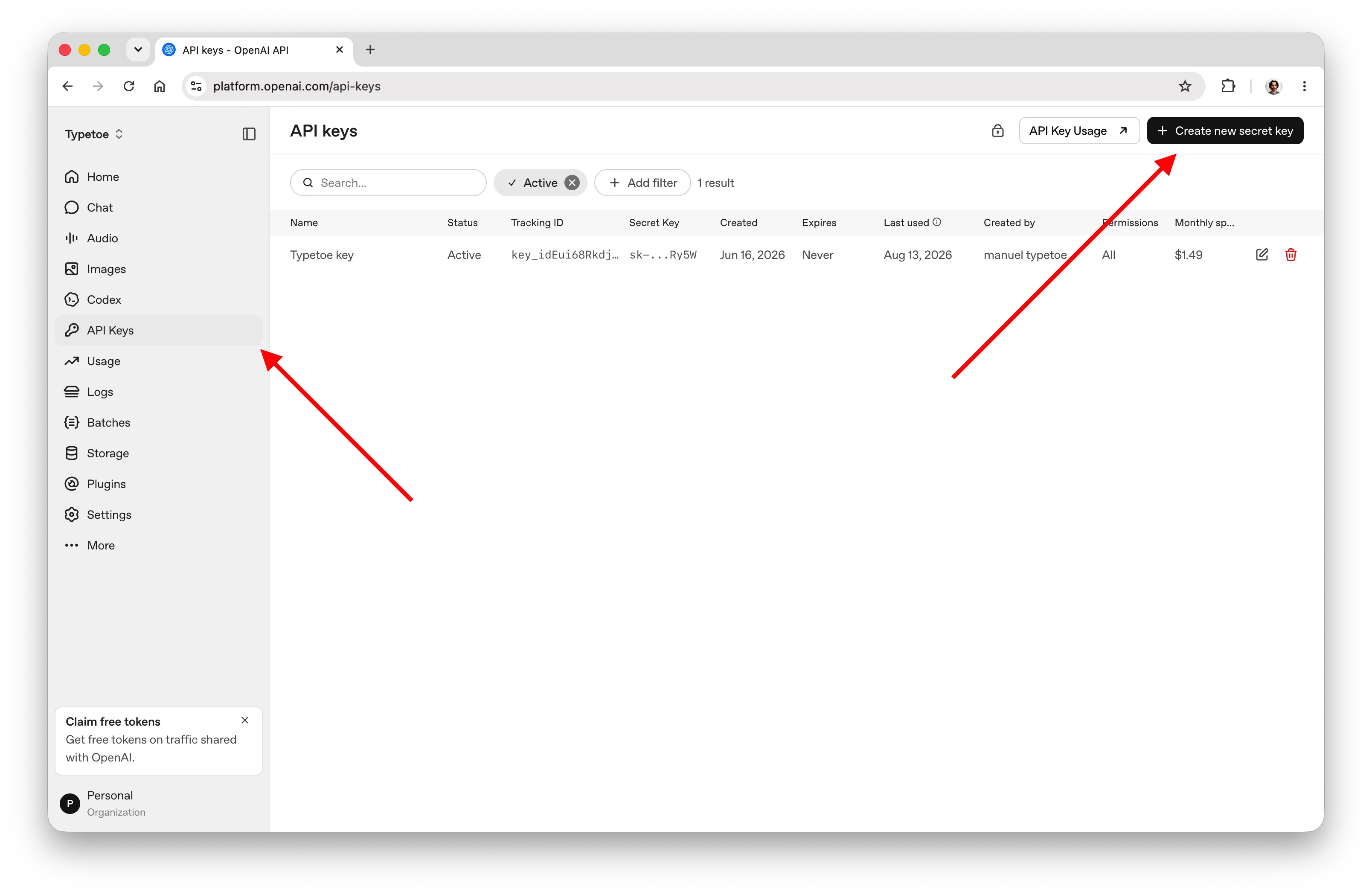 The OpenAI console at the API keys section, with the “Create new secret key” button at the top right.