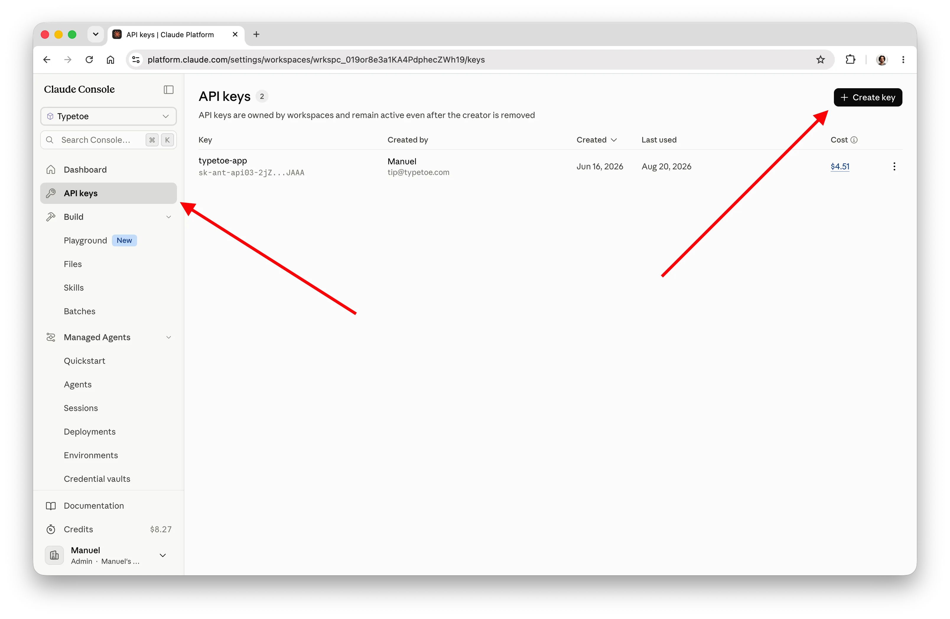 The Anthropic console at the API keys section.