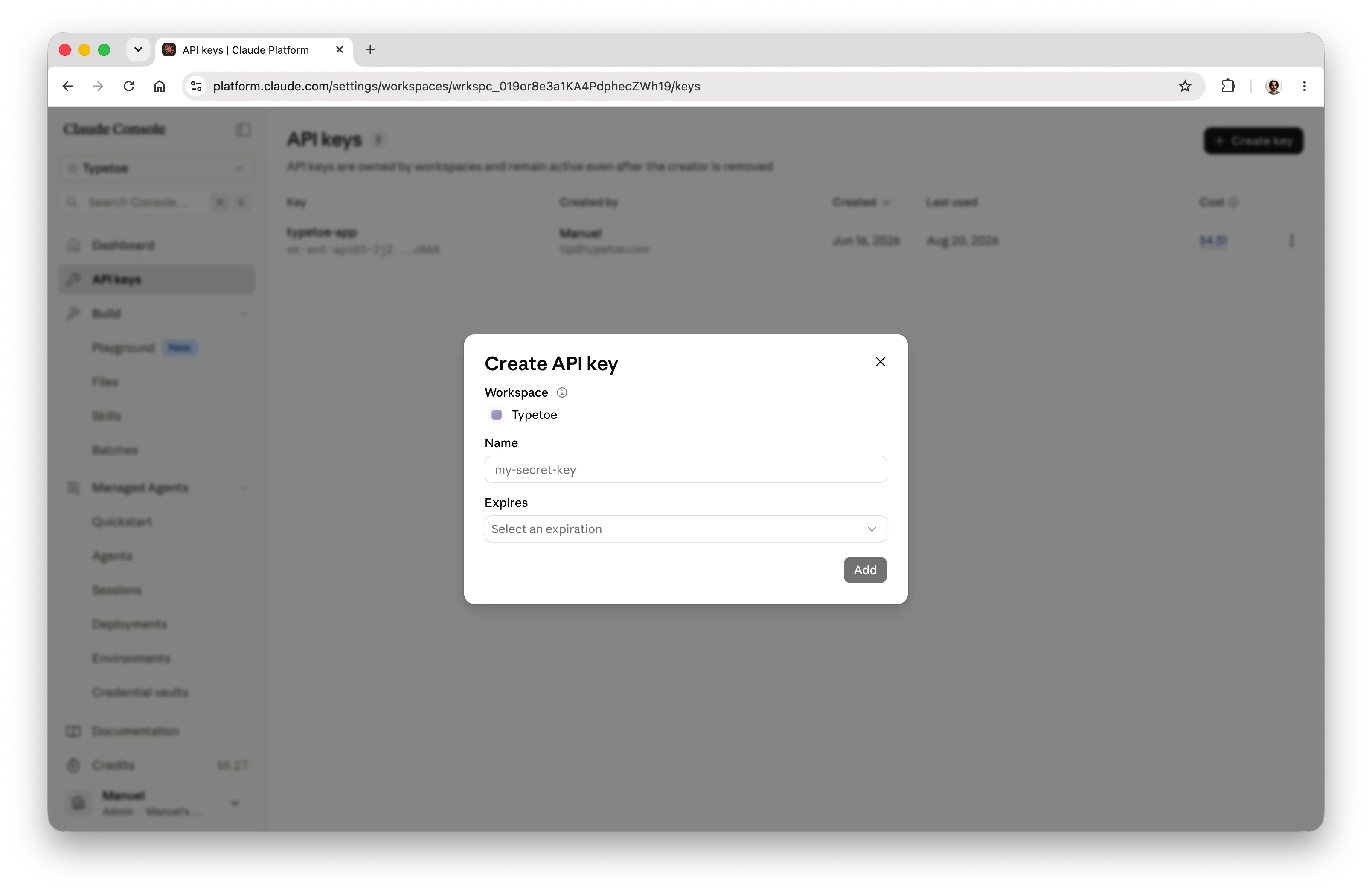 The form for creating an API key: the name, the project or workspace it belongs to, and the optional expiry.