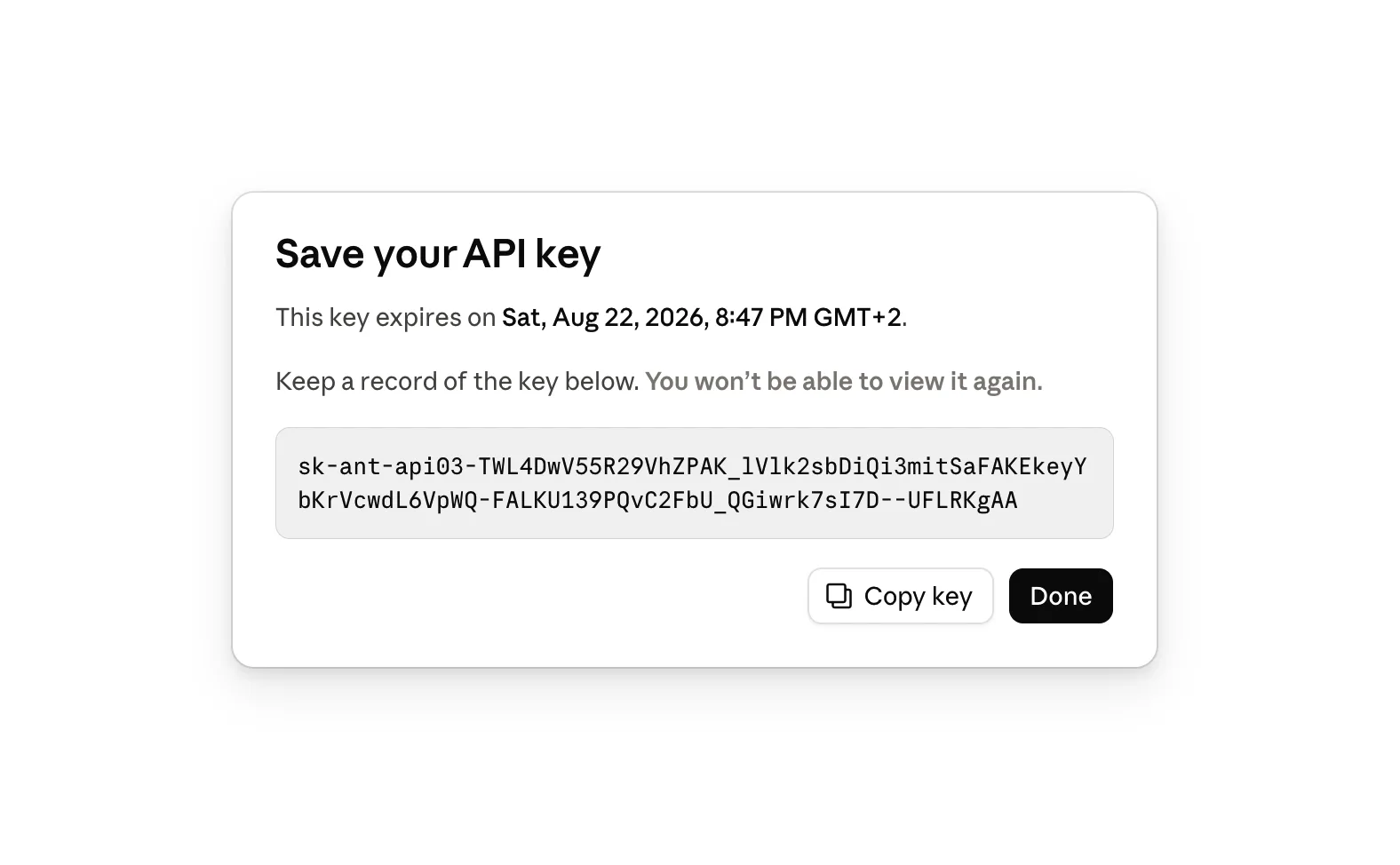 The “Save your API key” window: the key in full, the expiry date, and the warning that it will not be shown again.