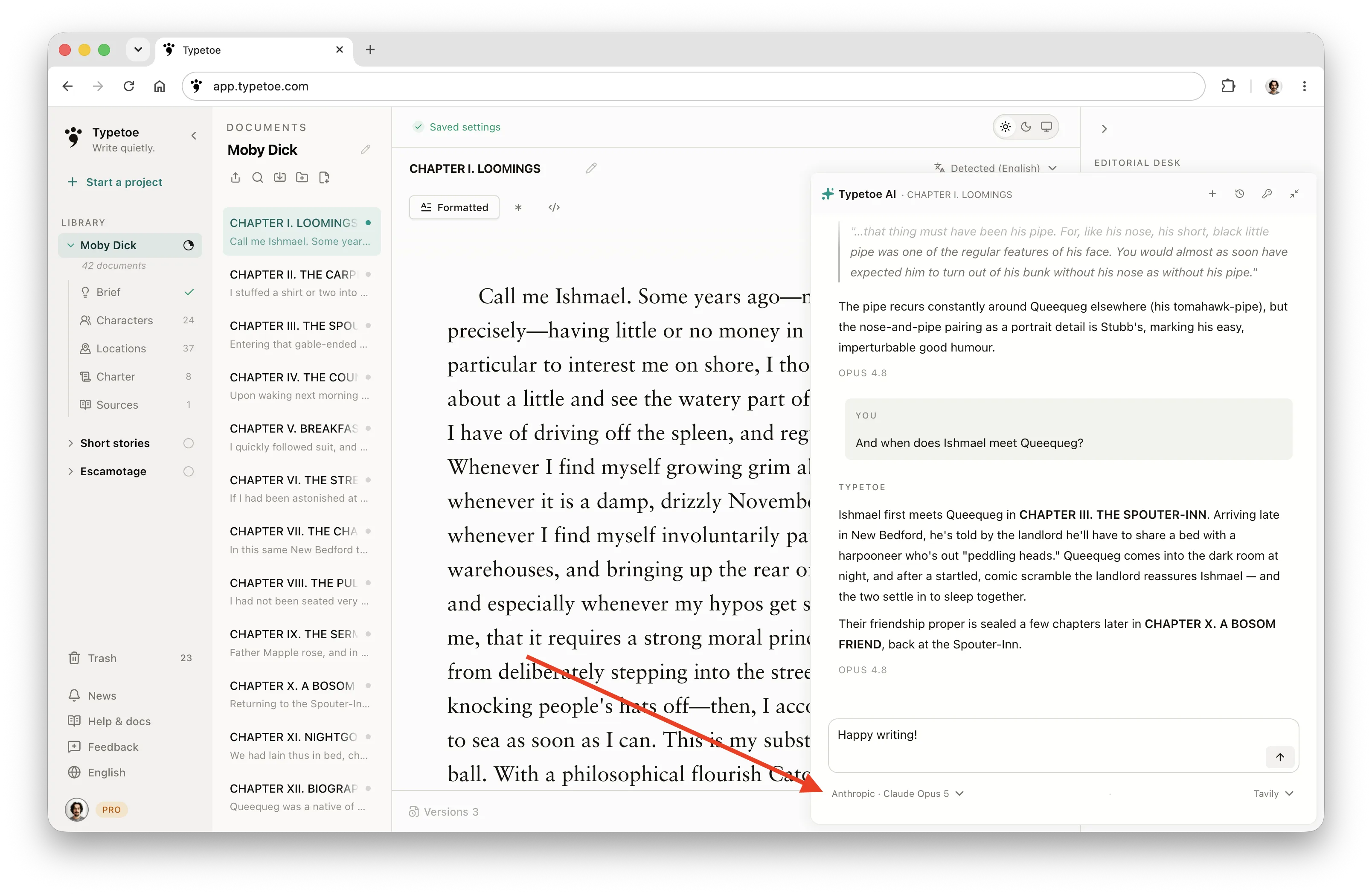 Typetoe on desktop with the AI chat open beside the manuscript.