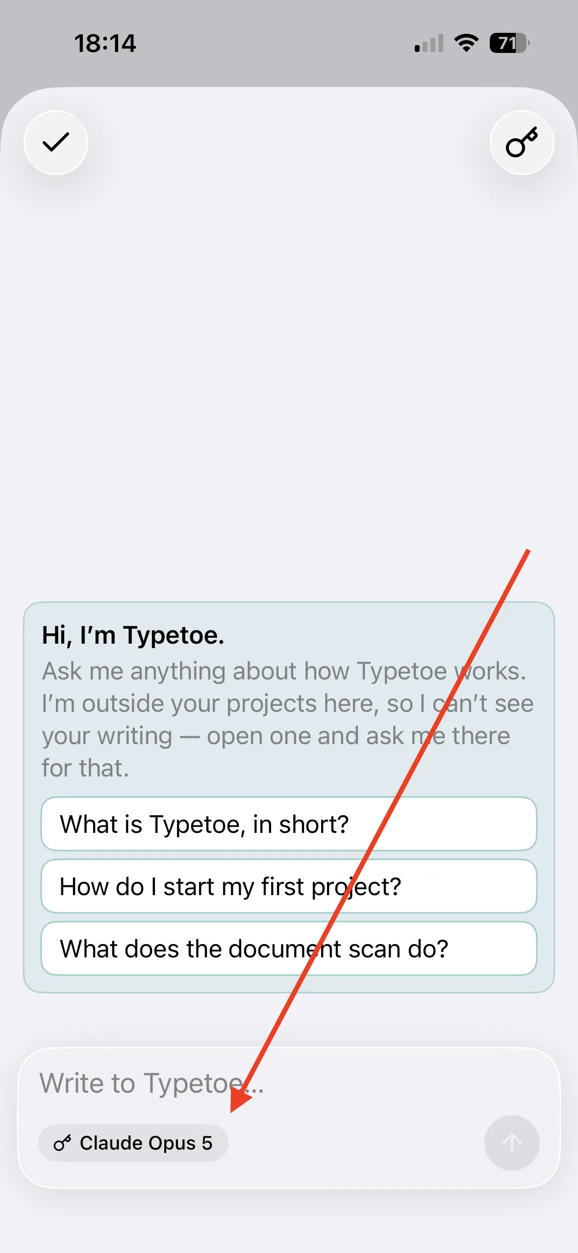 Typetoe on iPhone with the AI chat open.