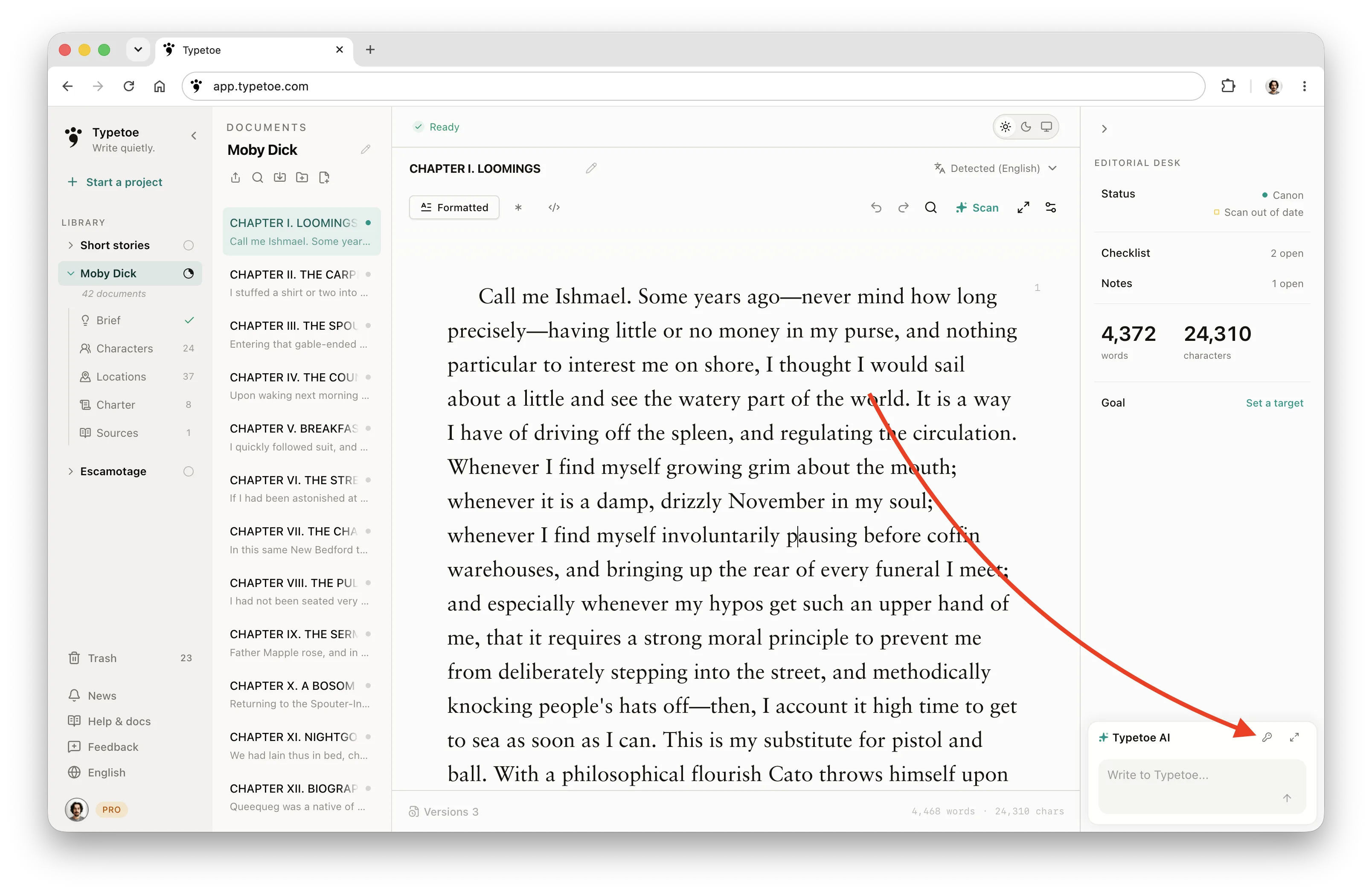 Typetoe on desktop: the AI settings panel with the list of providers.