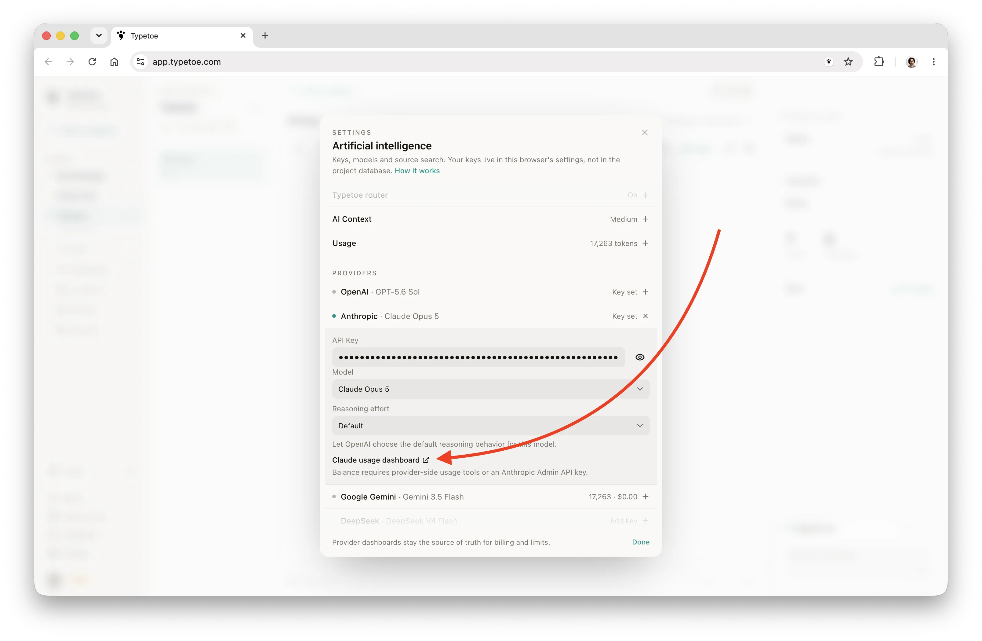 The link to the provider's dashboard, opened from Typetoe's settings on desktop.