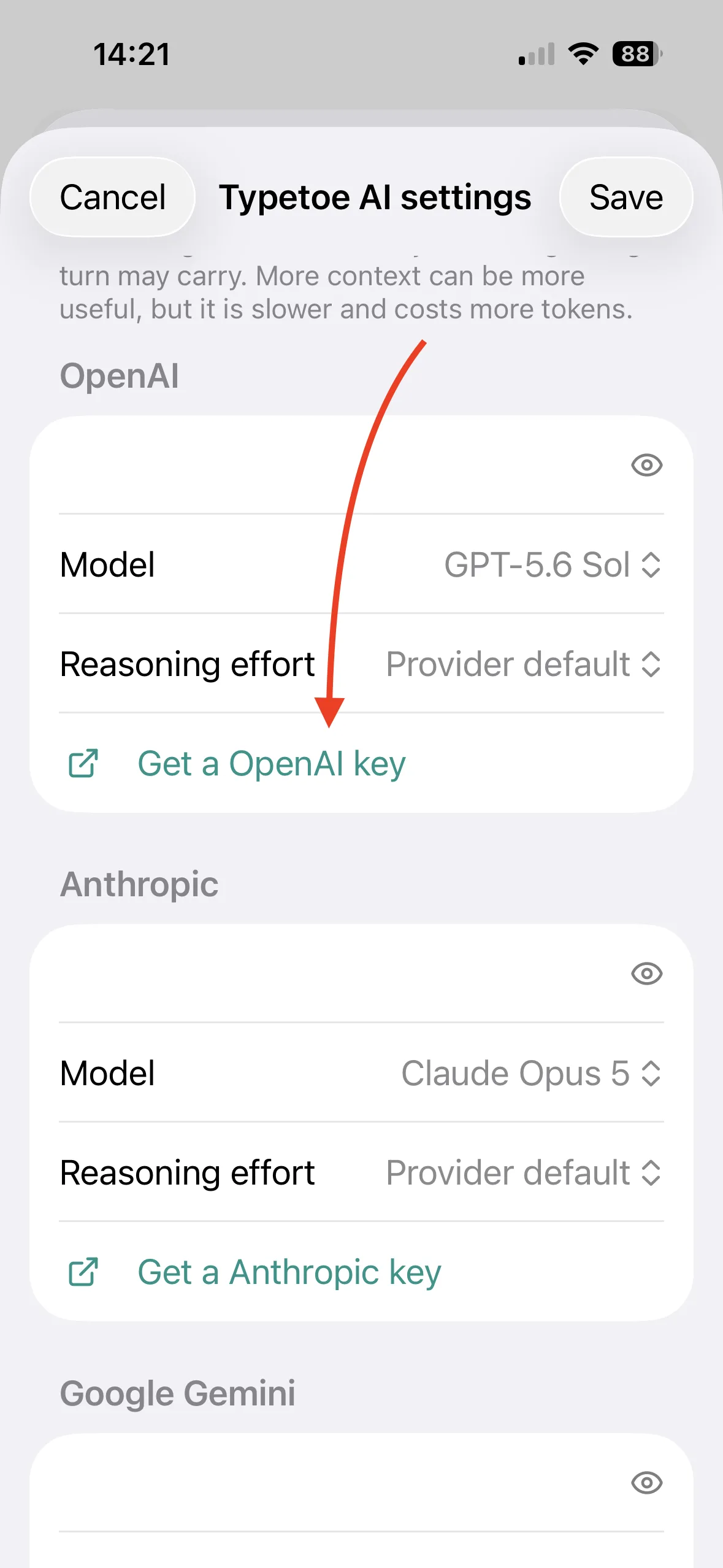 Typetoe on iPhone: the link to the provider's dashboard.