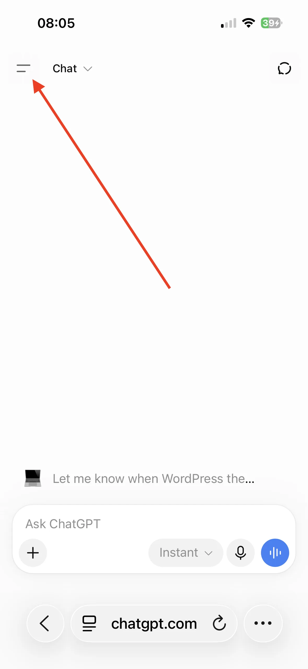 ChatGPT in the browser, with the icon that opens the sidebar at the top left.