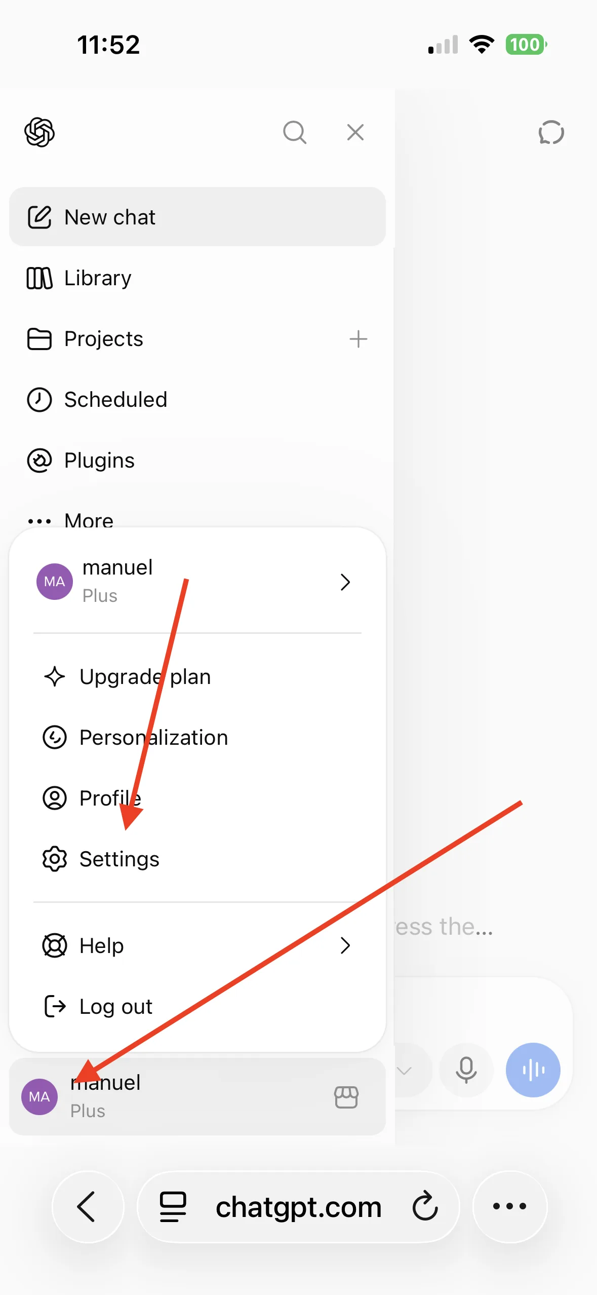 ChatGPT's account menu, open, with the Settings entry.