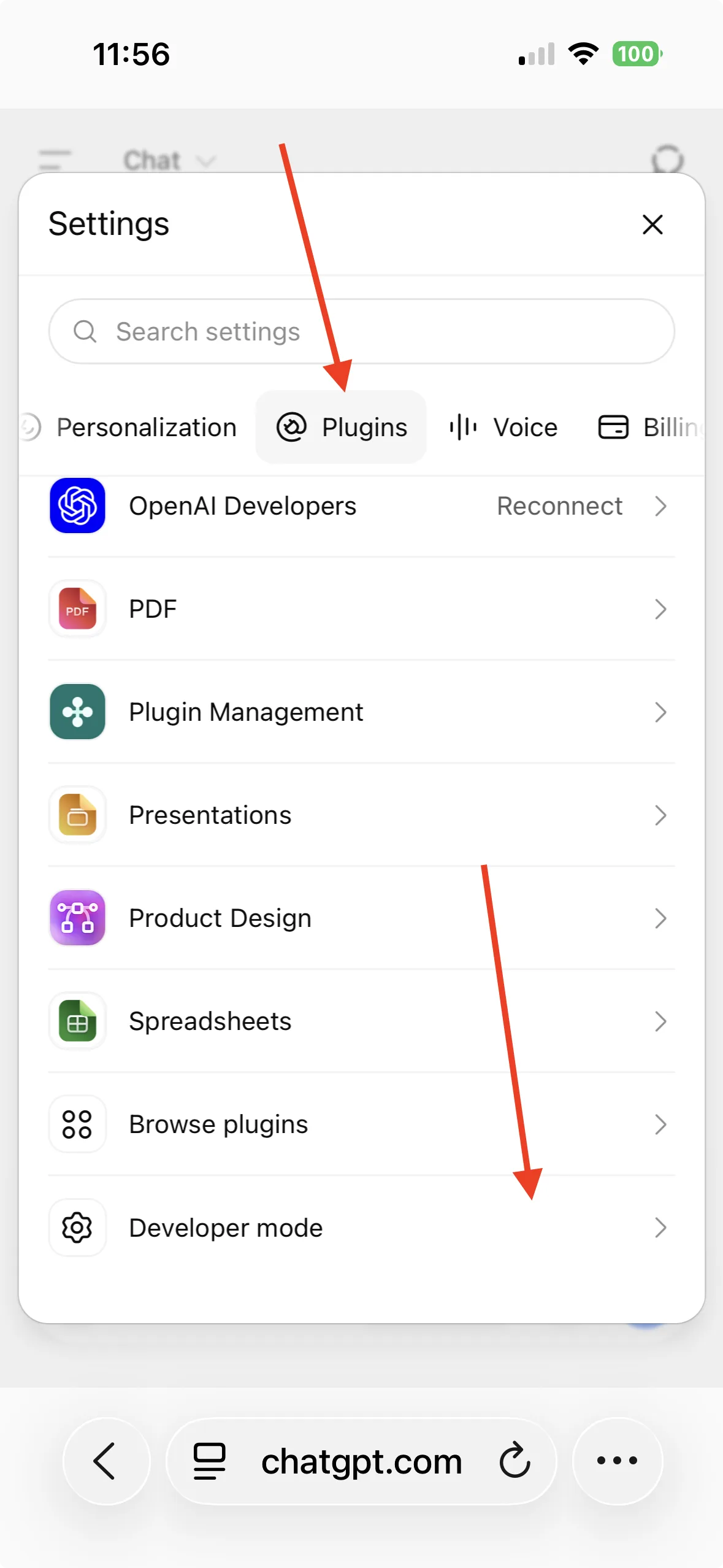 ChatGPT's settings, with the Plugins tab between Personalization and Voice.