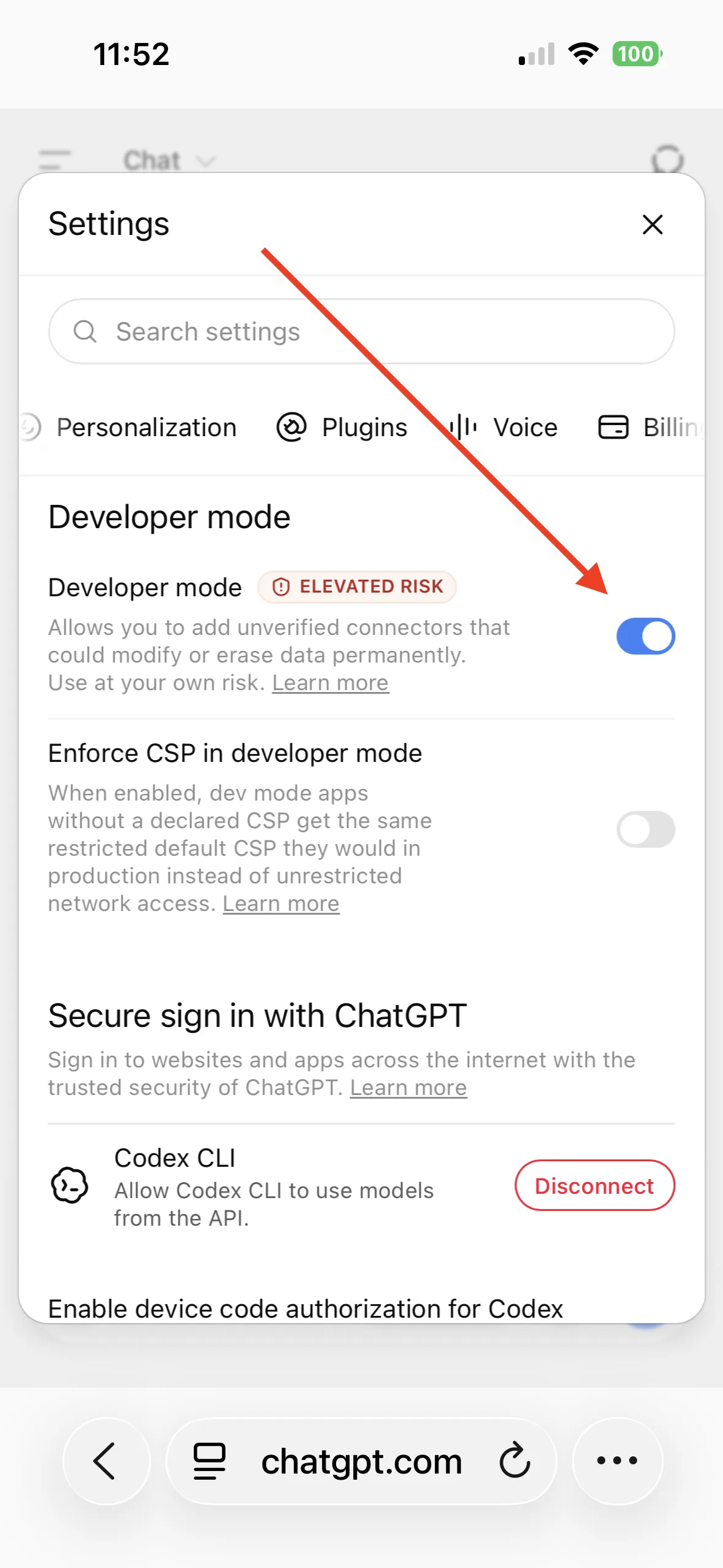 The Developer mode switch, marked by ChatGPT as elevated risk, turned on.