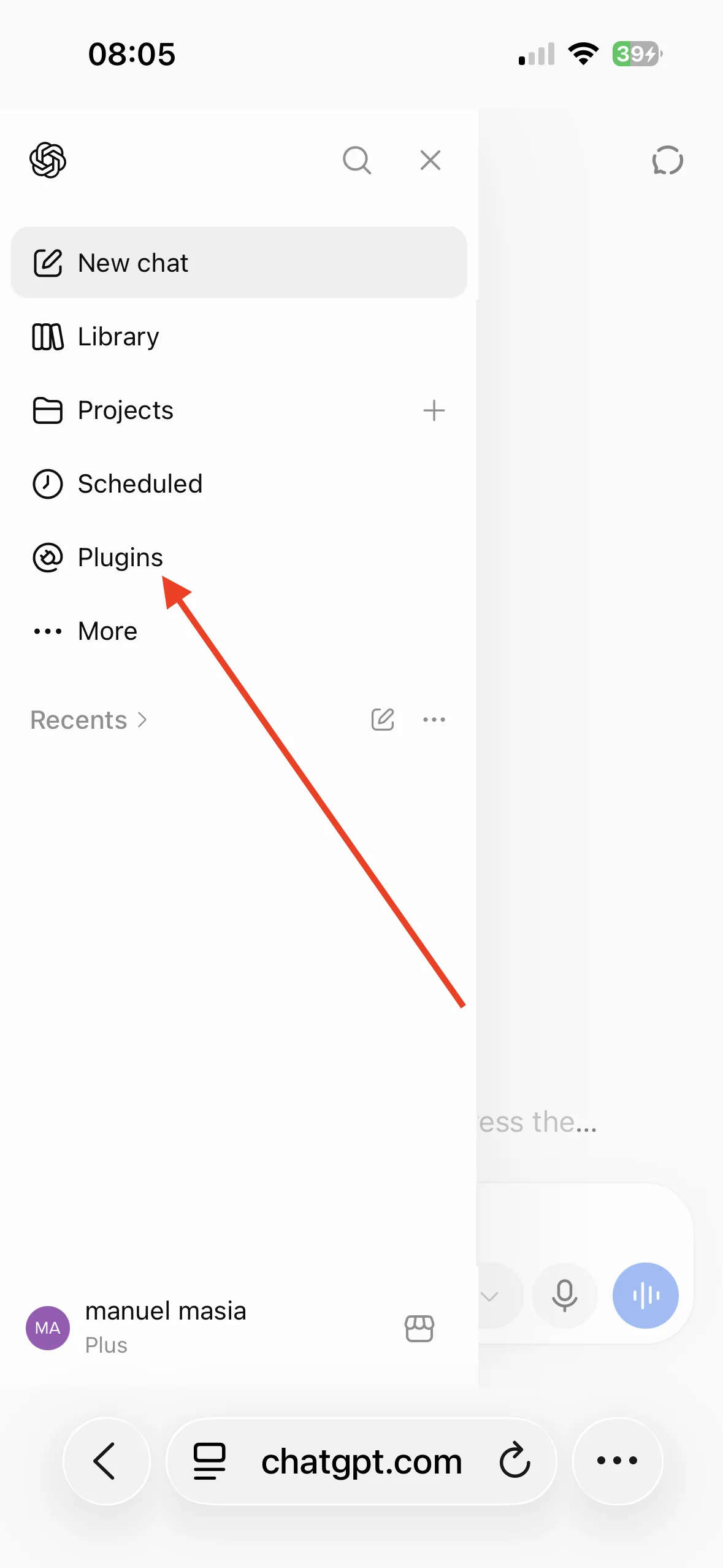 ChatGPT's sidebar with the Plugins entry between Scheduled and More.