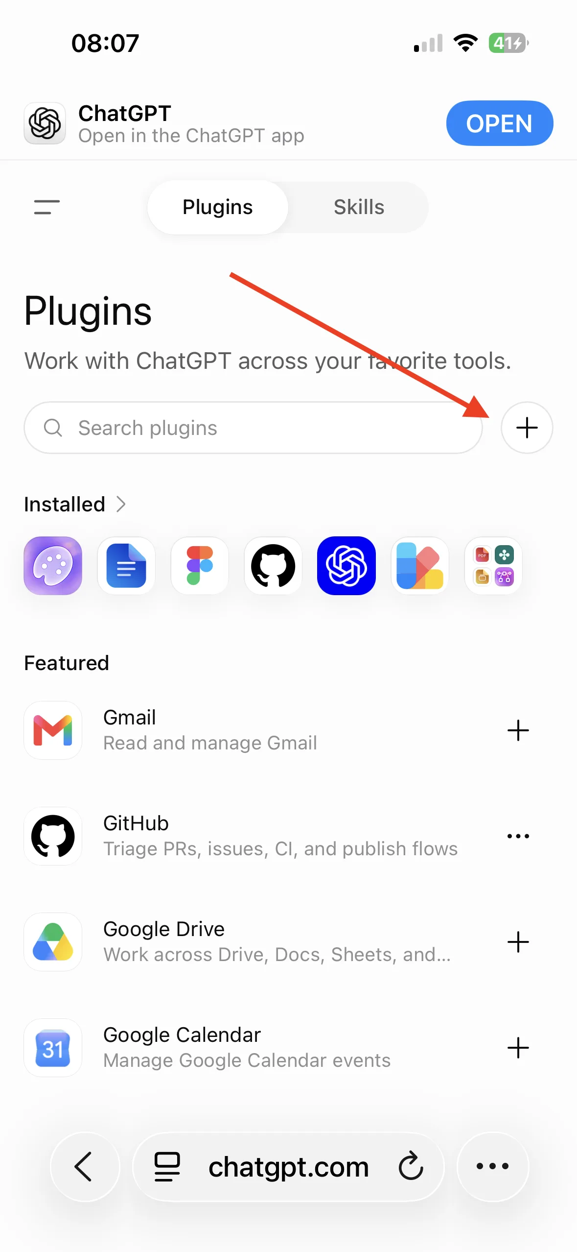 The plugin list, with the plus button beside the search field.