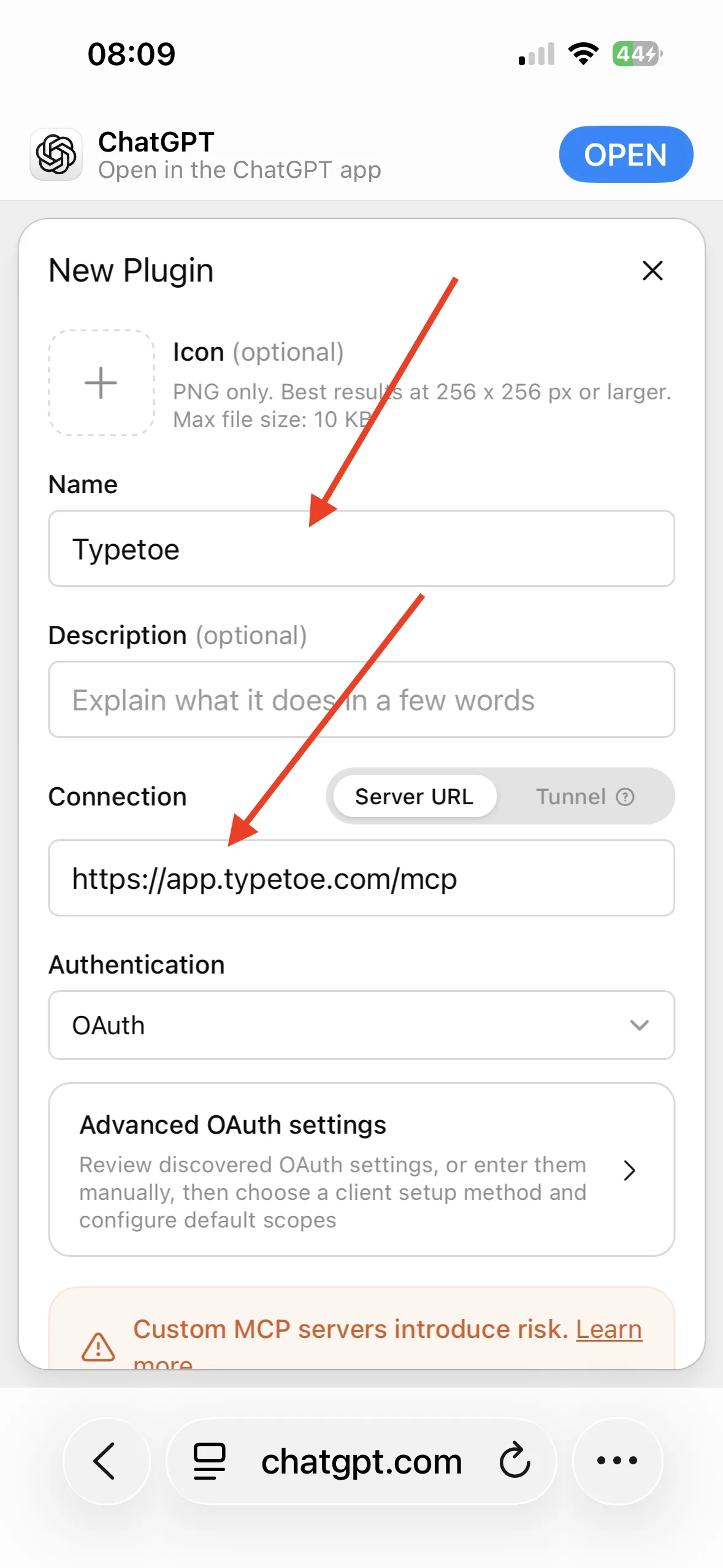 The New Plugin form: the icon field, the name filled in as Typetoe, the optional description, and the address https://app.typetoe.com/mcp with OAuth authentication.