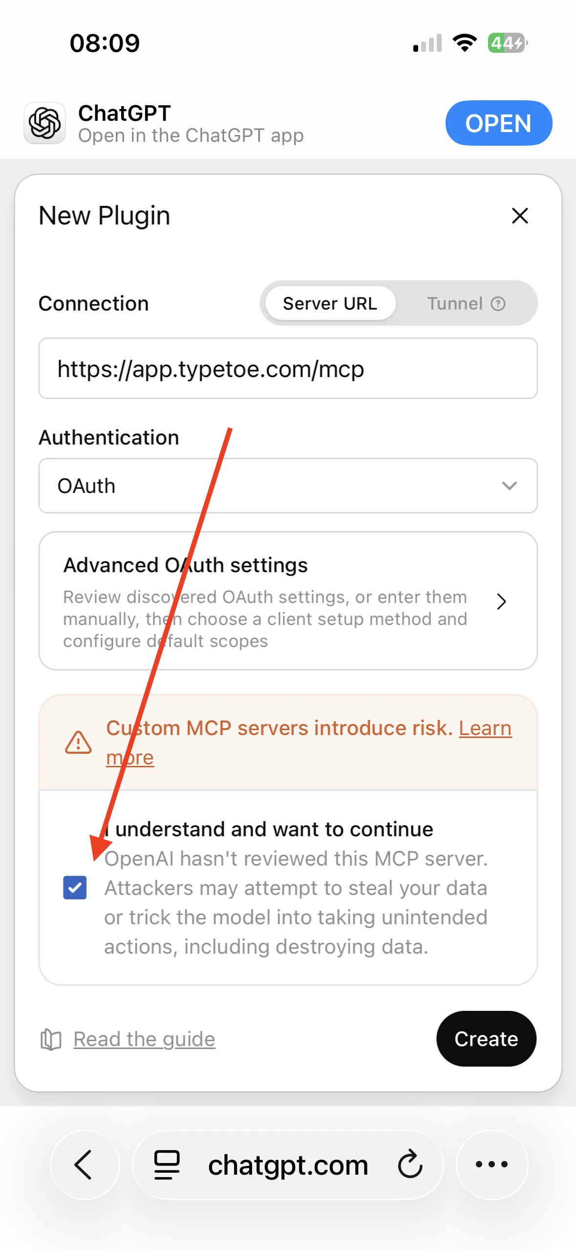 The foot of the New Plugin form, with the warning about custom MCP servers and the Create button.