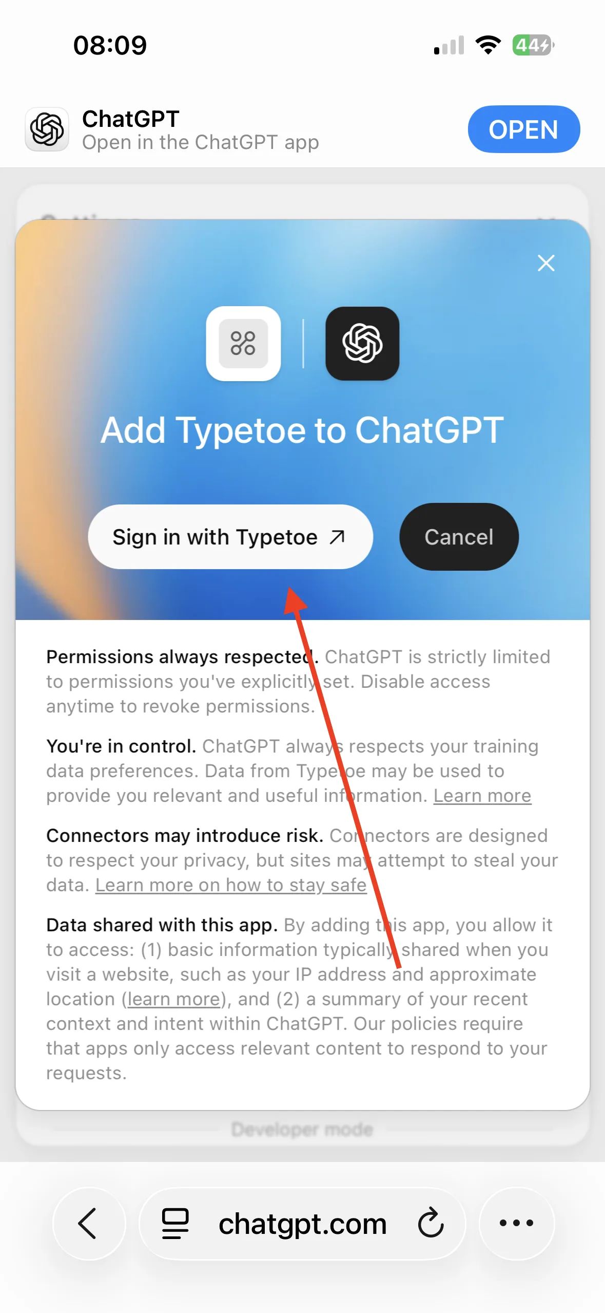 The newly created plugin, with the Sign in with Typetoe button.