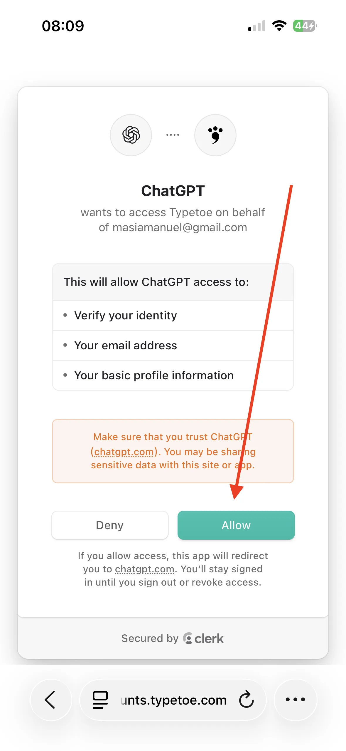 The Typetoe sign-in screen, followed by the authorisation for ChatGPT.