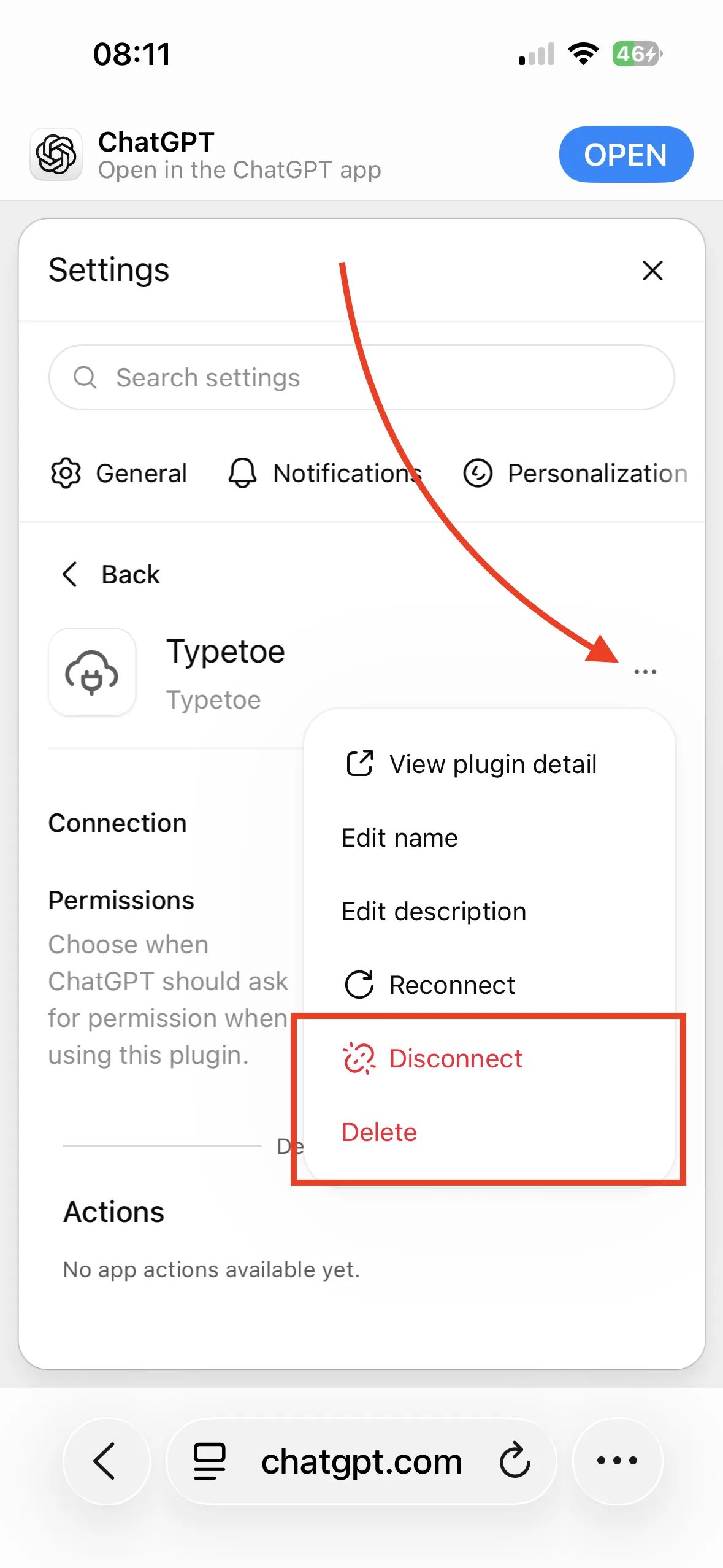 The connected Typetoe plugin, with the options to disconnect and to remove it.