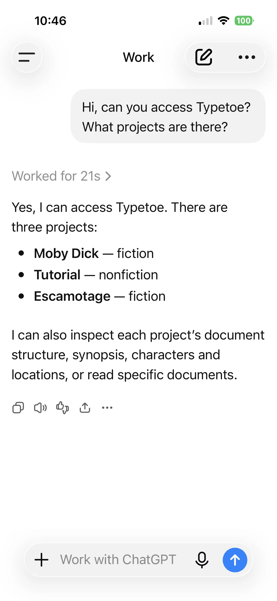 ChatGPT listing the Typetoe projects after the access request.
