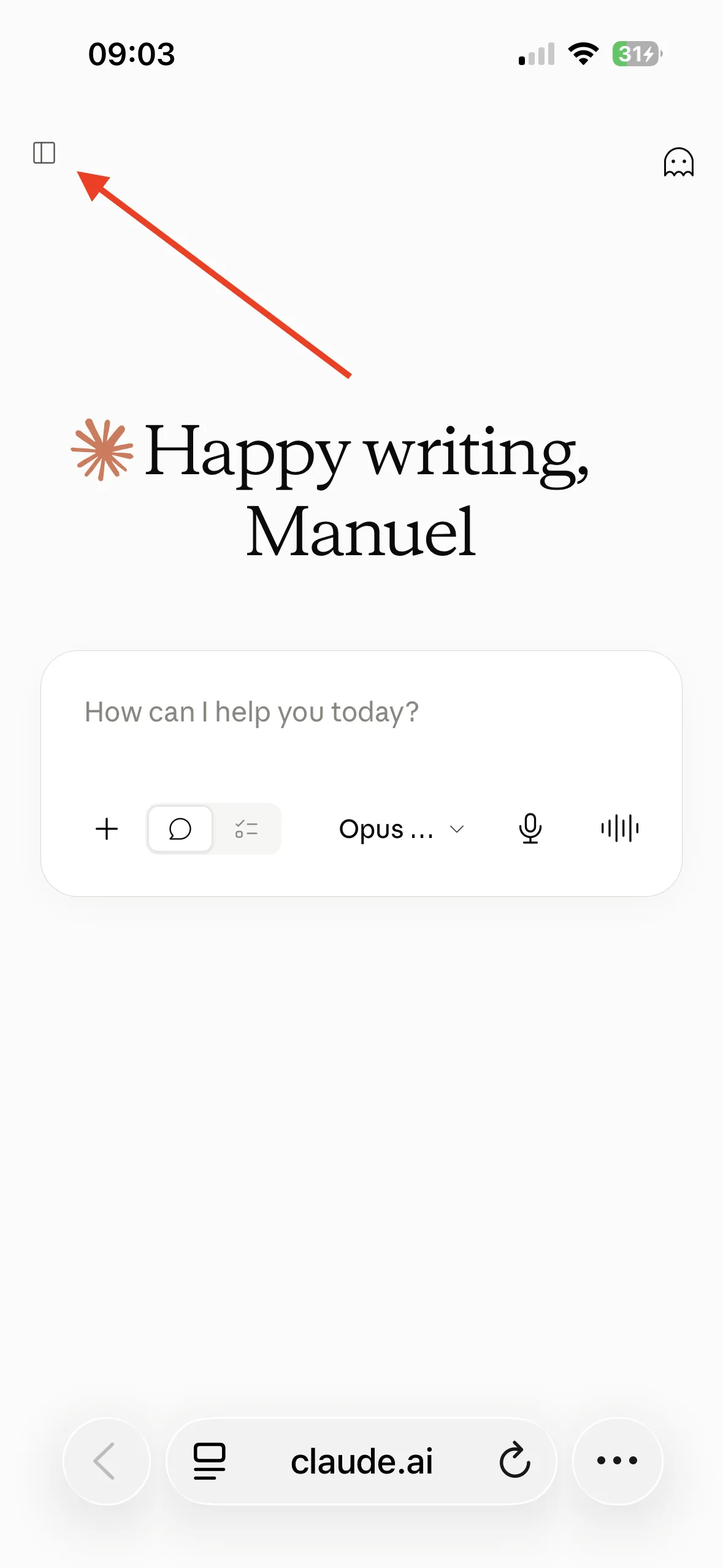 Claude's home screen in the browser. The icon that opens the sidebar is at the top left.