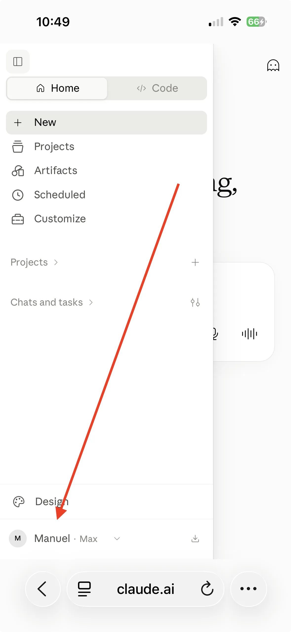 Claude's sidebar, open. Your account name sits at the foot of the column.