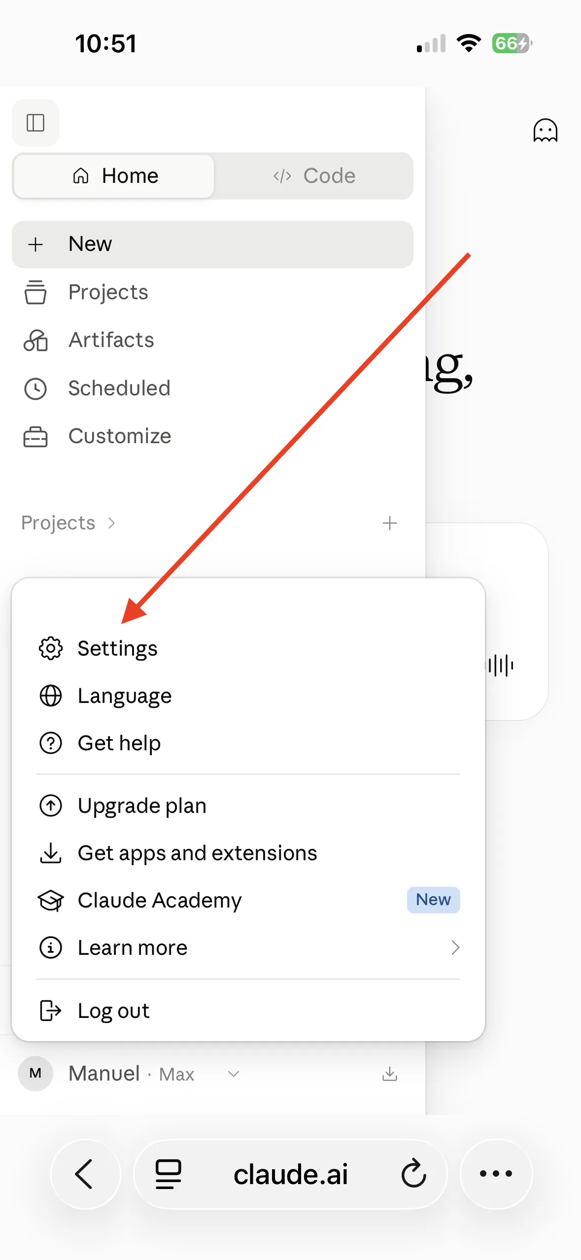 The account menu, open, with Settings at the top of the list.