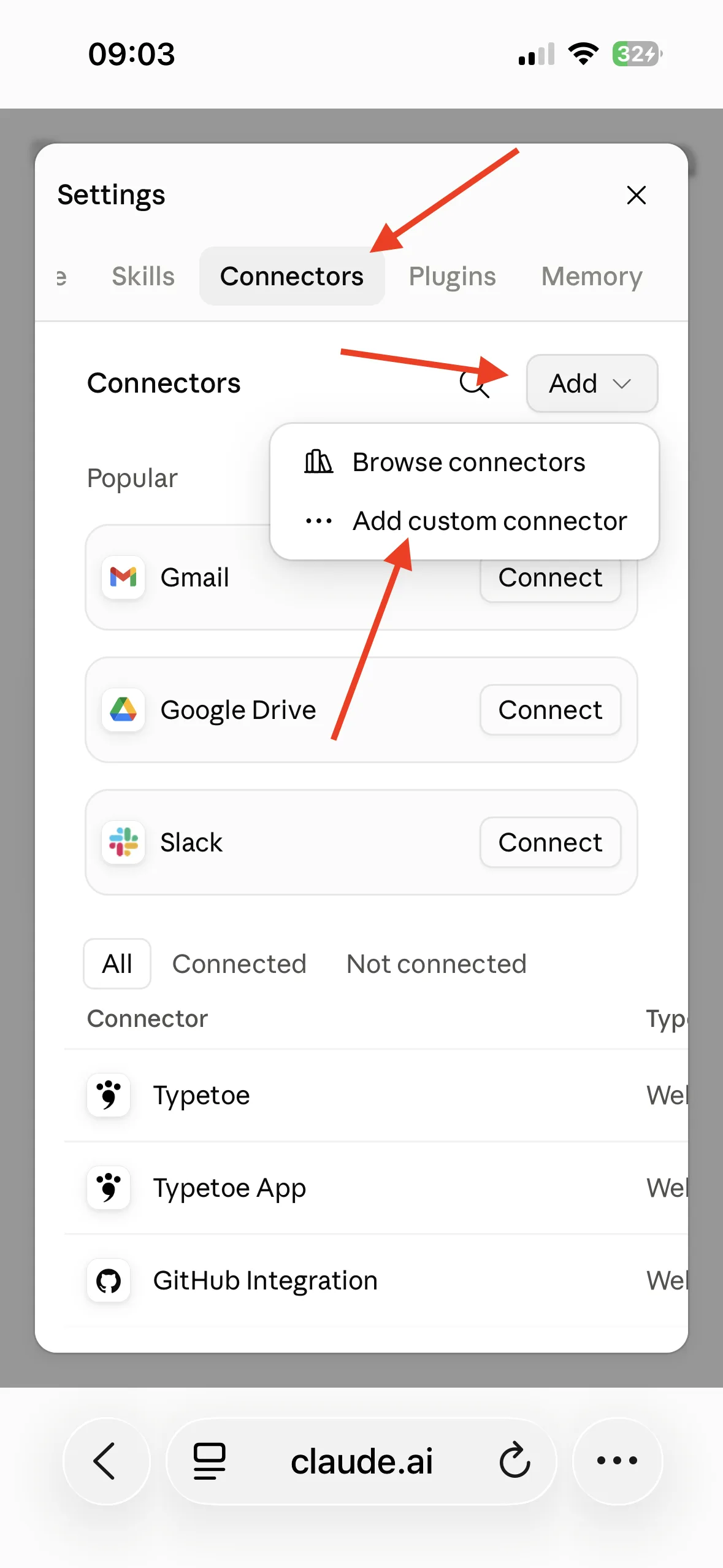 The Connectors tab in Claude's settings, with the Add menu open on Add custom connector.