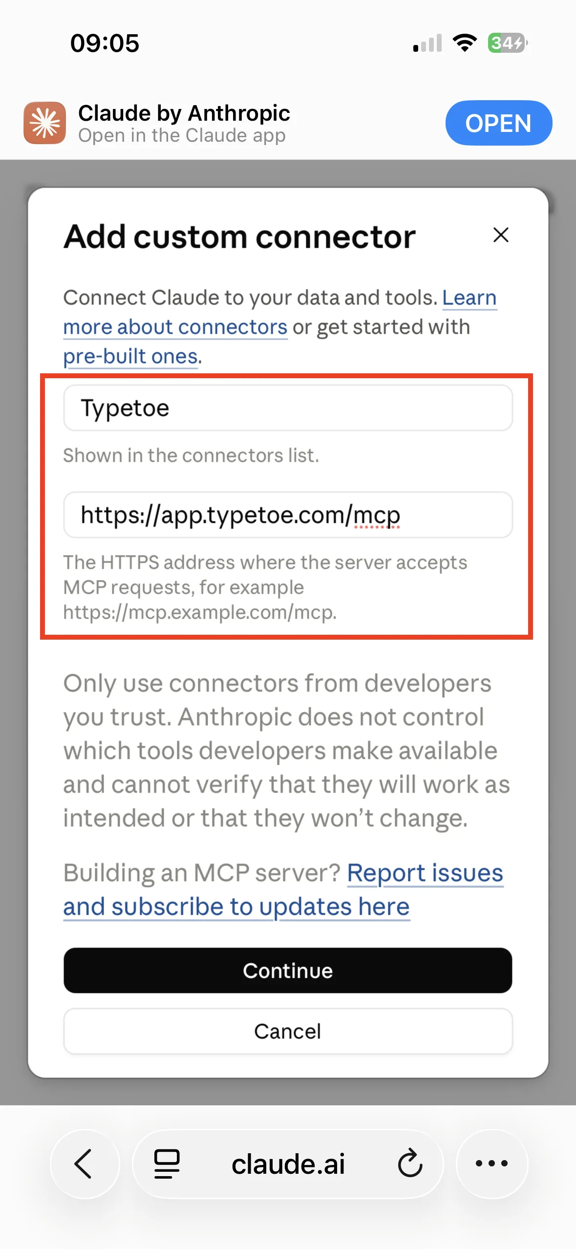 The Add custom connector form, with the name field filled in as “Typetoe” and the address field as https://app.typetoe.com/mcp.