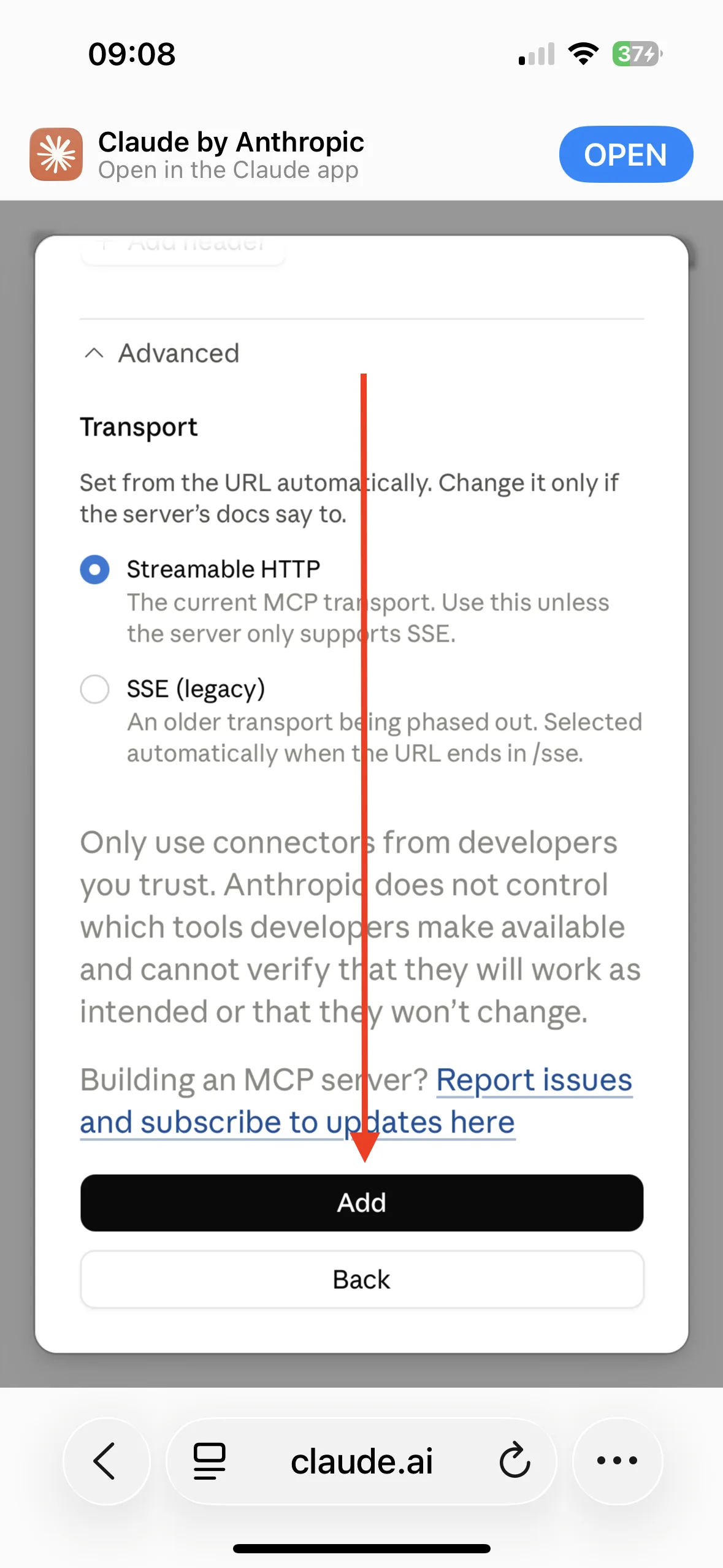 The foot of the form: the Advanced section with the Streamable HTTP transport selected, and the Add button.