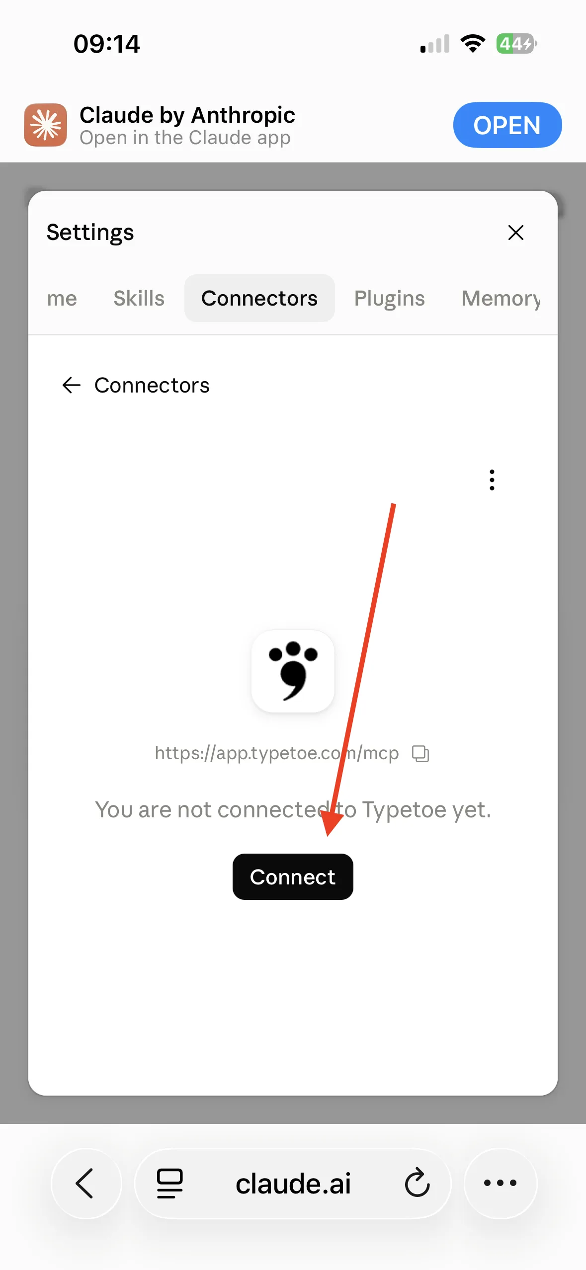 The newly created Typetoe connector, reading “You are not connected to Typetoe yet”, with a Connect button.