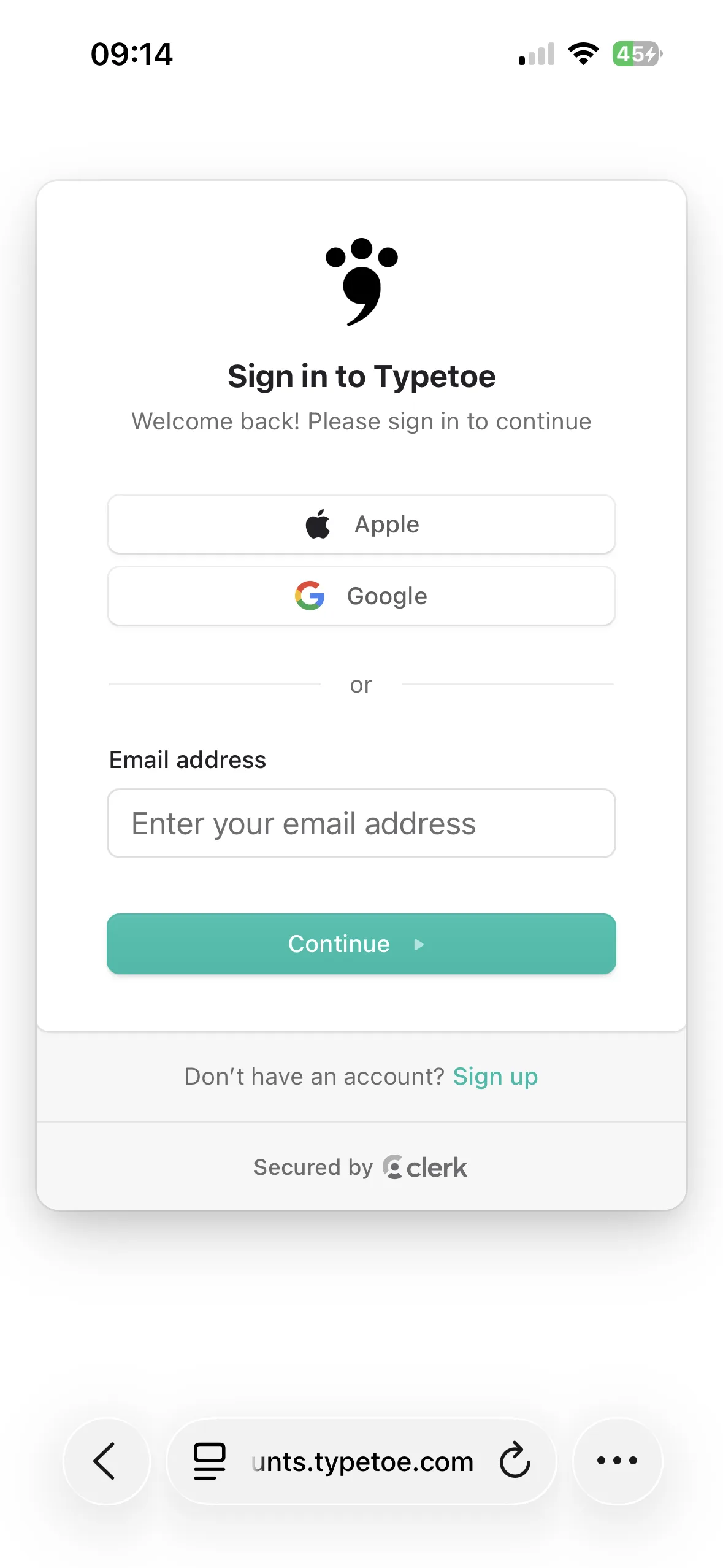 The Typetoe sign-in screen, with Apple and Google buttons and a field for an email address.