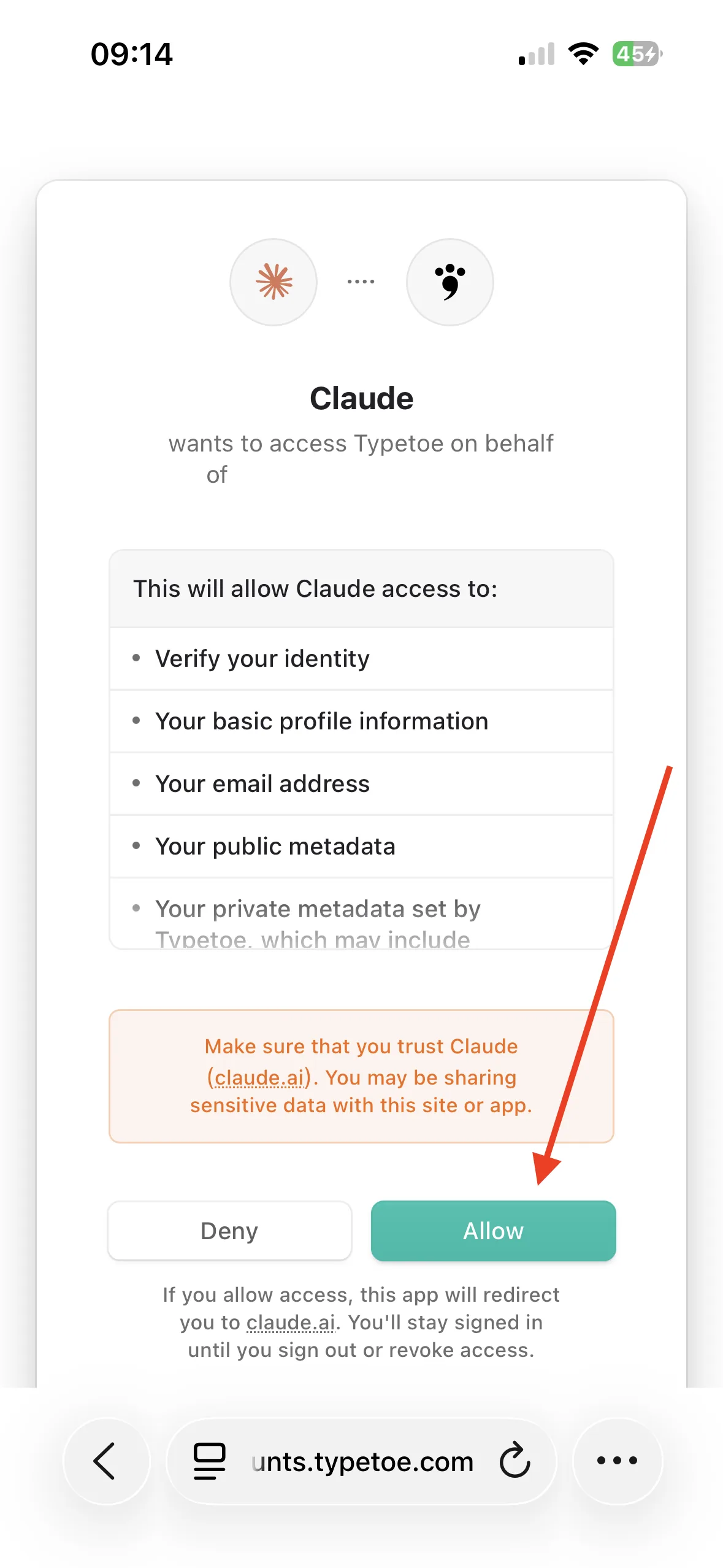 The authorisation screen: the list of what Claude will be able to reach, with Deny and Allow buttons.
