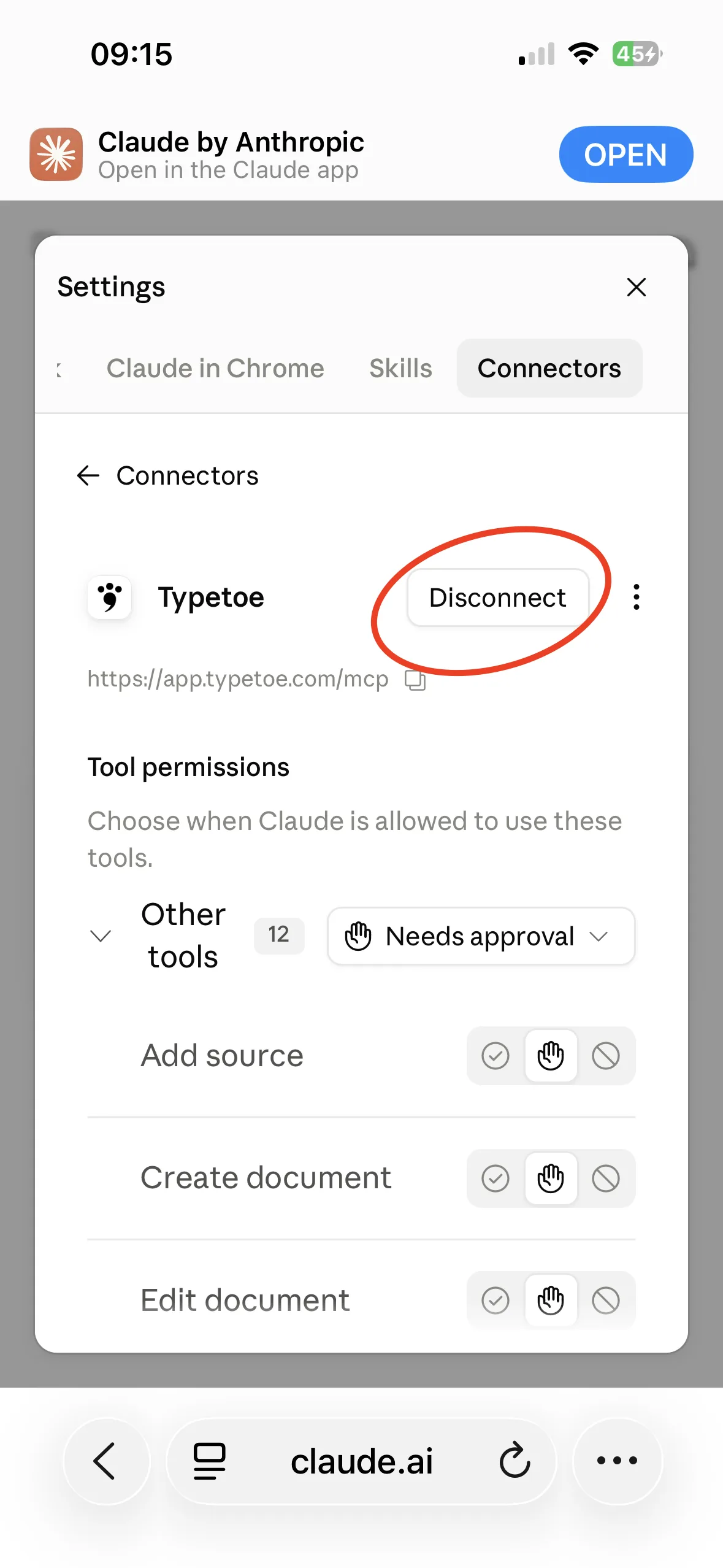 The connected Typetoe connector, with the Disconnect button and the list of tool permissions.