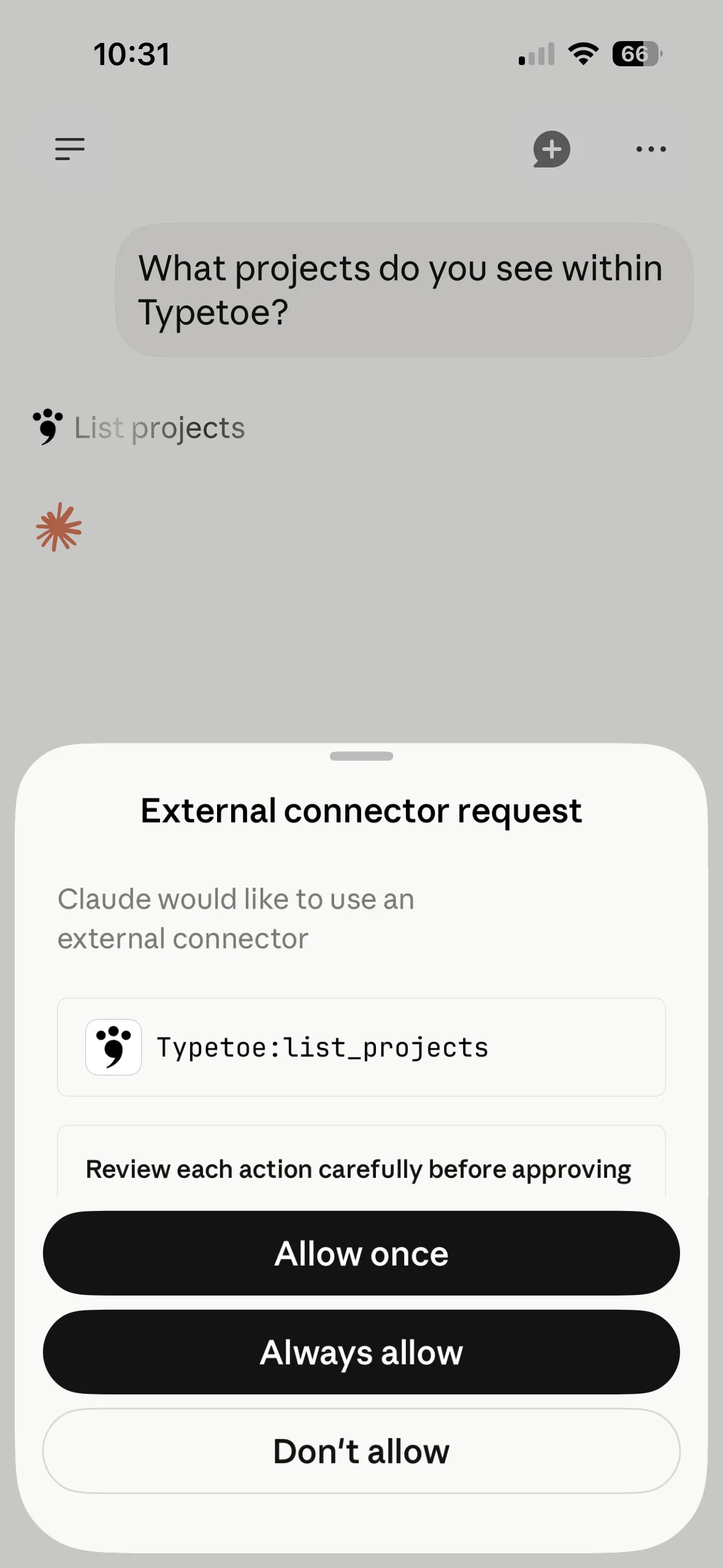The in-chat permission request for the Typetoe:list_projects tool, offering Allow once, Always allow and Don’t allow.