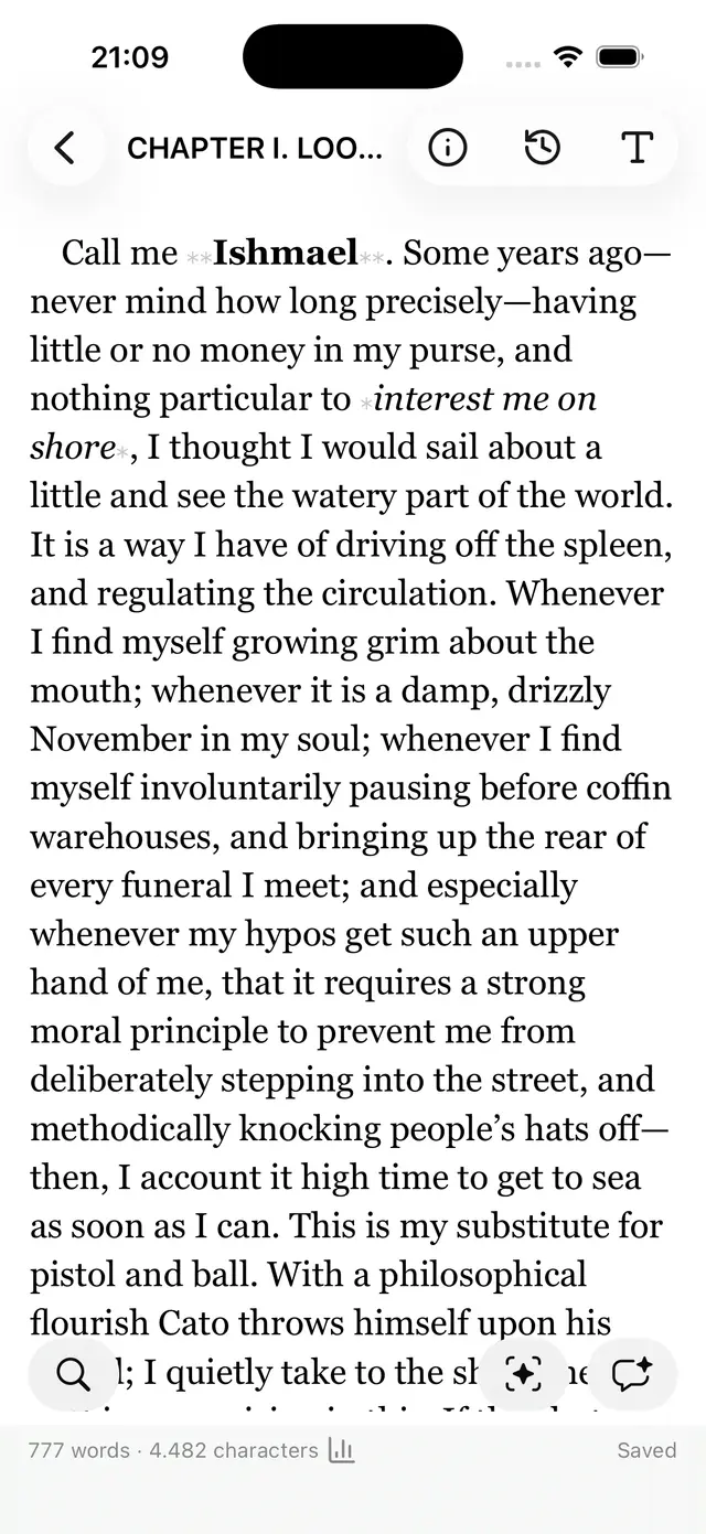 The Typetoe iOS editor: a chapter of the manuscript, with word count and autosave.