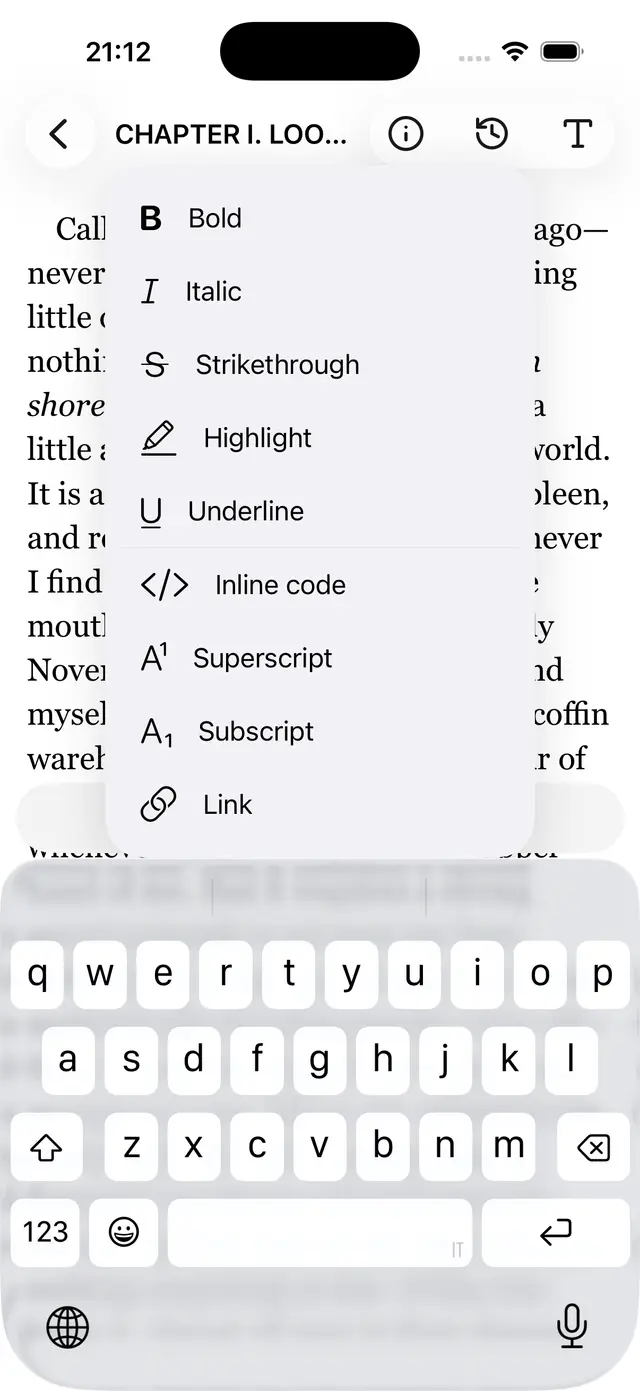 The iOS formatting menu: bold, italic, highlight, link and more, over the keyboard.