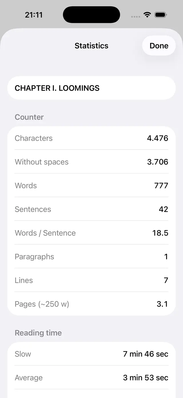 The statistics sheet: characters, words, sentences, pages and reading time.