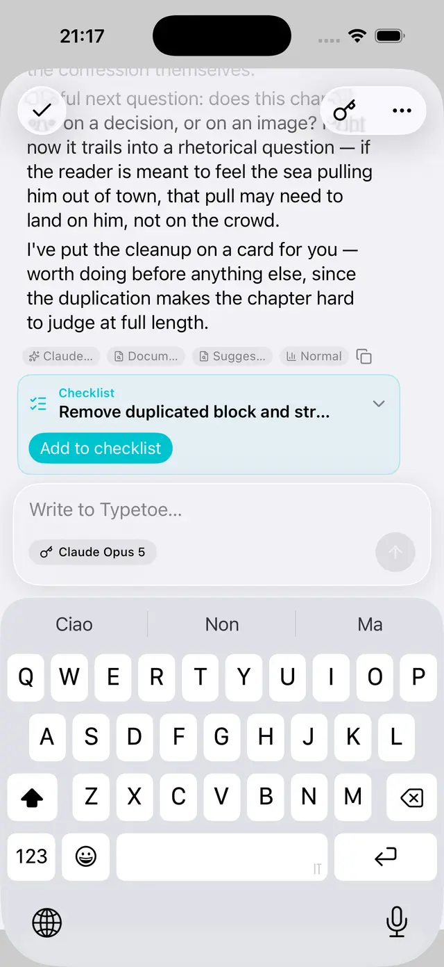 Typetoe AI on iOS returning an editorial note, with a checklist card to act on.