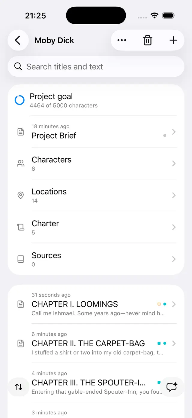 The project view: brief, characters, locations, Charter, sources and chapters.