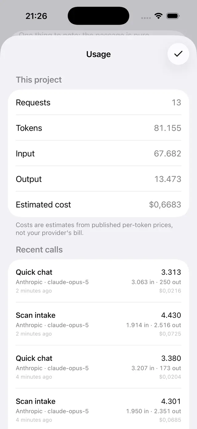 AI usage on iOS: requests, tokens and the estimated cost of every call.