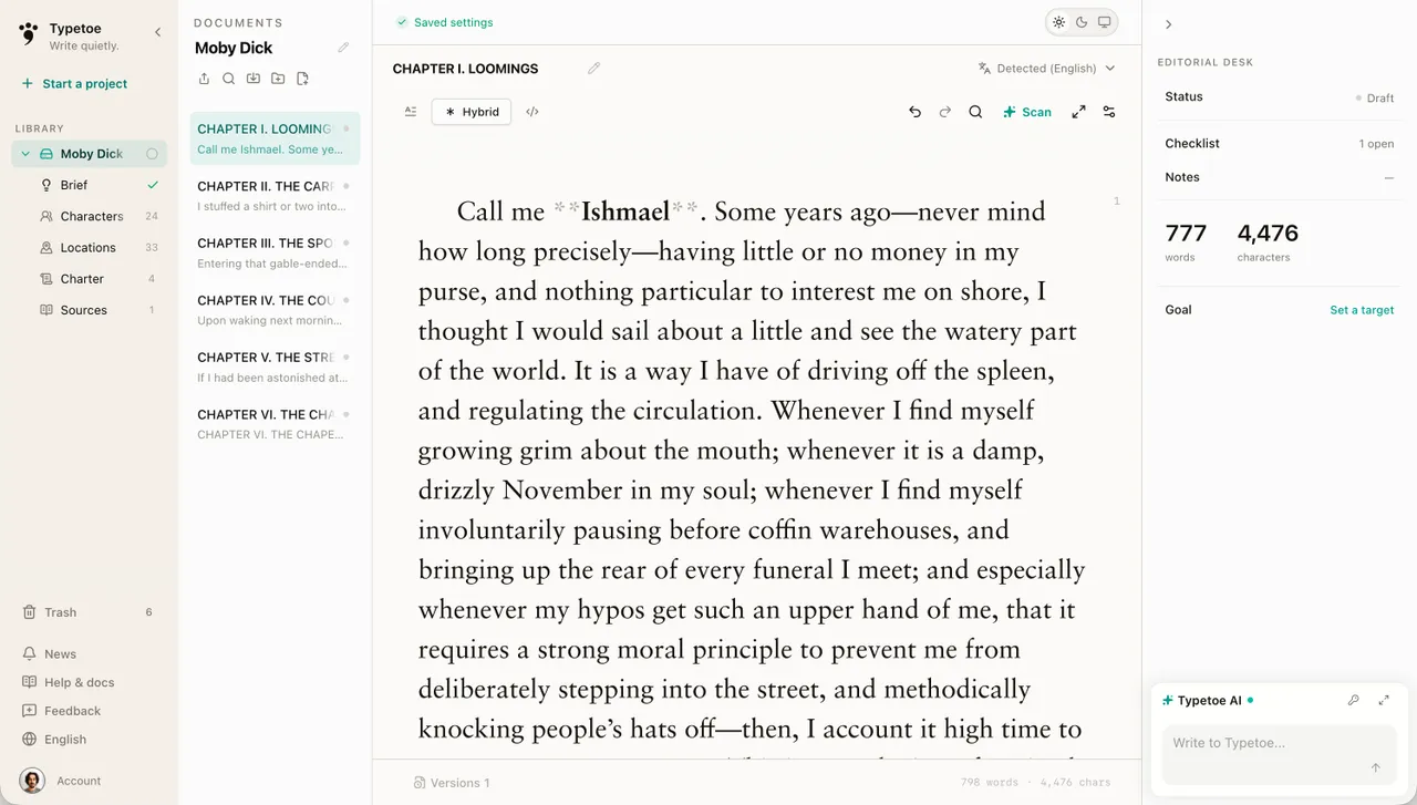 The Typetoe workspace: project tree, manuscript, and the Editorial Desk together.