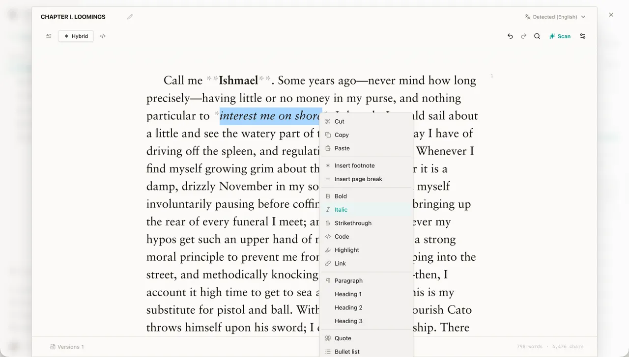 The formatting menu open on a text selection in the editor.