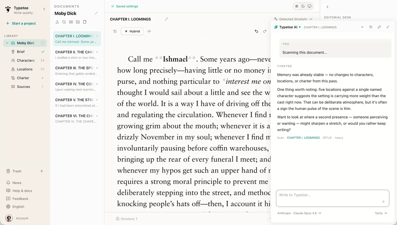 Typetoe scanning the document and refreshing the project's memory.