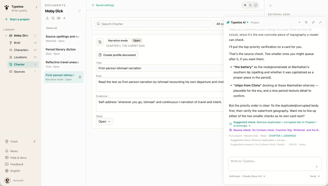 The Charter — rules the AI always follows — beside the AI's editorial notes.