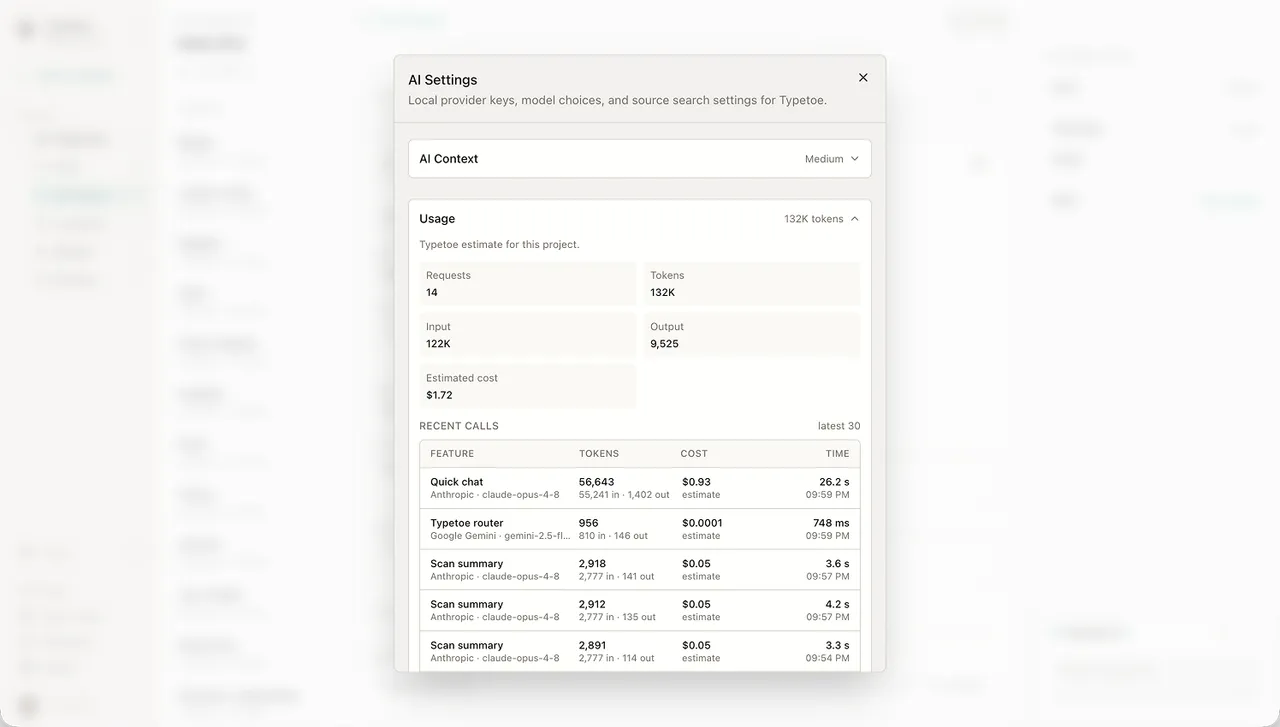 AI usage and cost, transparent because you bring your own key.