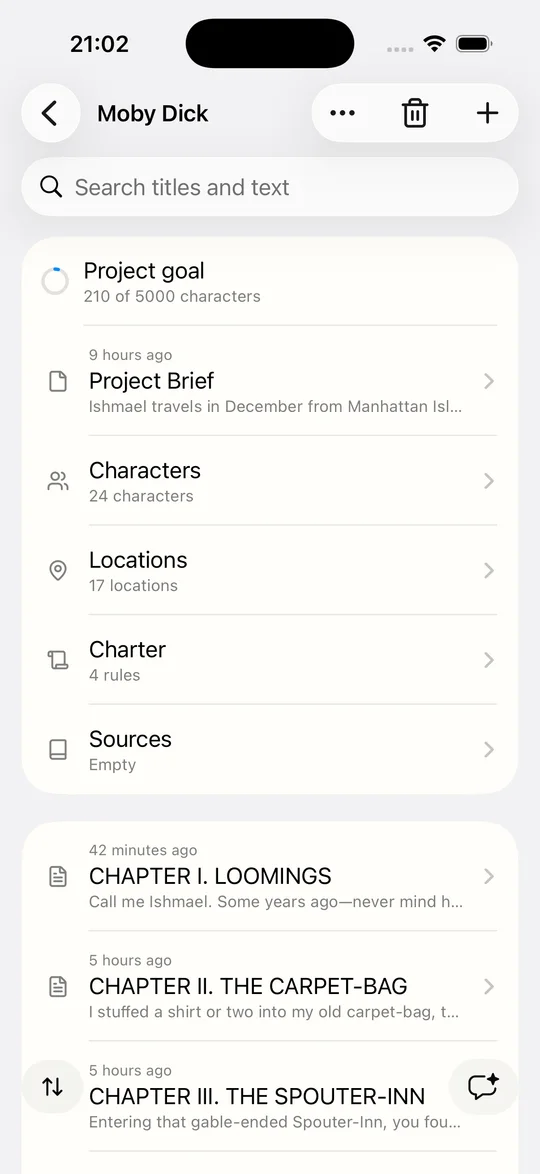The Typetoe iOS app showing a project: brief, characters, locations, Charter, sources and chapters.